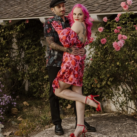 For Love and Lemons Huda Mini Dress Rose Print Strapless Satin with Puff Sleeves - Picture 12 of 12